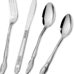 Classic Floral Embossed Stainless Steel Flatware Set for 4, 4-Piece Knife, Fork, and Spoon Set, Mirror Polished Cutlery for Dining, Elegant Utensil Se