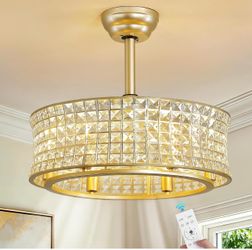 New Gold Ceiling Fan with Lights – 20” Crystal Caged Fandelier, Modern Semi-Flush Mount Ceiling Fan with Remote Control for Bedroom