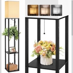 BRAND NEW 3-Tier Shelf Floor Lamp with Solid Wood Shelves  with LED Bulb and Pull Chain Switch
