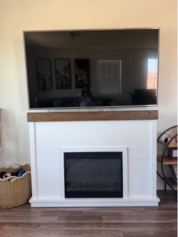 Electric Fireplace TV Stand – White Shiplap w/ Rustic Wood Mantel