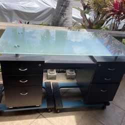 Executive Walnut Desk with Glass Top and Filing Cabinet