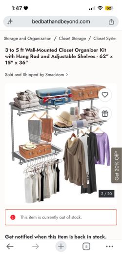 3 to 5 ft Wall-Mounted Closet Organizer Kit with Hang Rod and Adjustable Shelves - 62" x 15" × 36"l