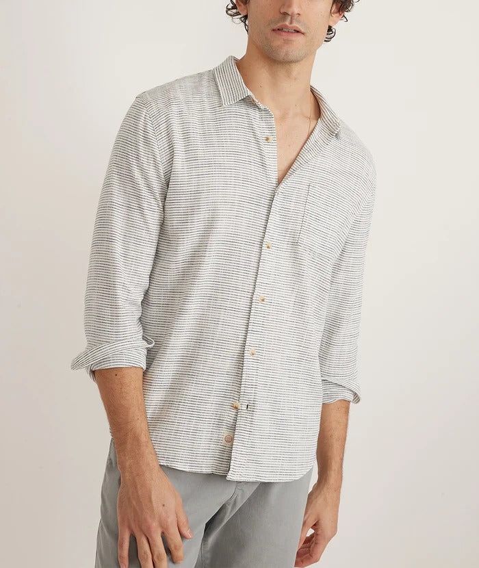 Marine Layer Natural/Black Stripe Stretch Selvage Long Sleeve Button Up Shirt