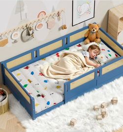 Blue Montessori Floor Bed Frame with Rattan Panels