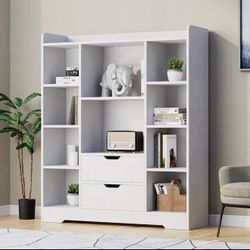 Modern 47” White Bookshelf w/ Storage Drawers – NEW