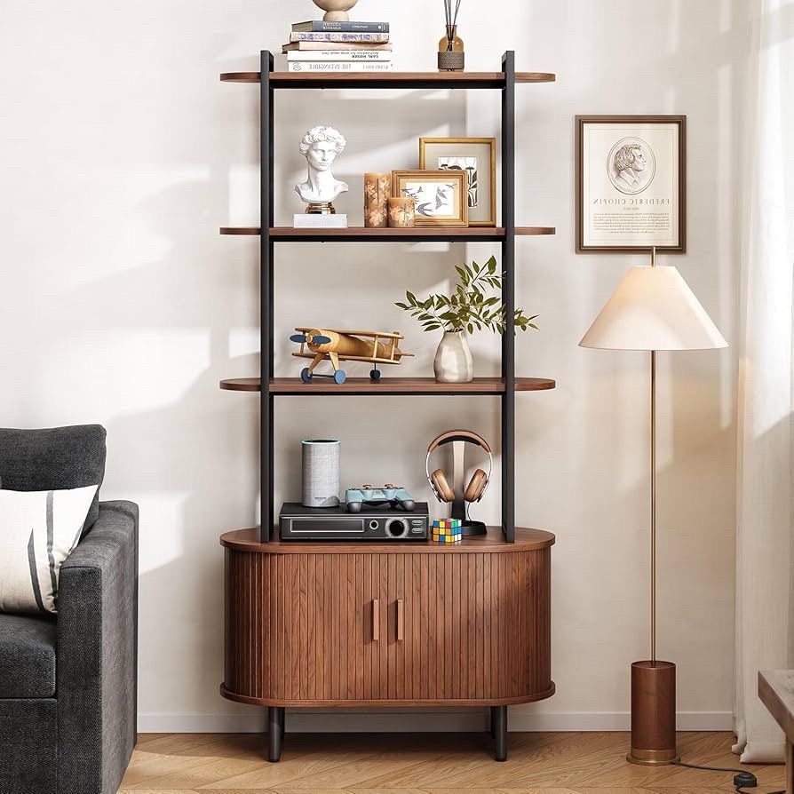 71" Tall Bookshelf, 4-Tier Book Shelf with Storage Cabinet, Modern Bookcase with Sliding Door and Adjustable Footpad, Freestanding Storage Organizer B