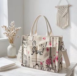 Paris Print Canvas Tote Bag with Crossbody Strap