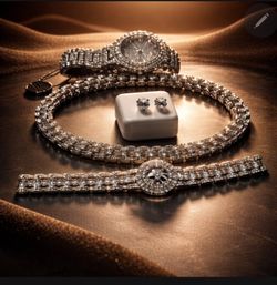 Silver Filled watch, necklace, and bracelet set with diamond accents and 7mm CZ stud earring
