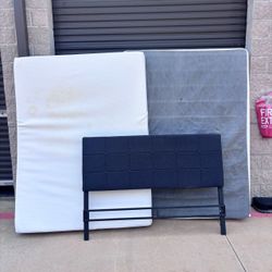 Queen mattress, boxspring, and headboard.