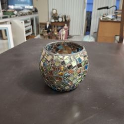 Multi Color Mosaic Glass Candle Holder 4"H X 4.5"W