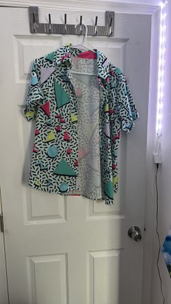 Retro 80s Geometric Print Button-Up Shirt – Vaporwave Memphis Style Festival Top