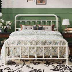 Queen Metal Bed Frame with Victorian Iron-Art Headboard, Cream Victorian Iron-Art Headboard and Footboard, Easy Assembly, Under Bed Storage, No Box Sp