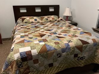Queen size bed with mattress, dark headboard