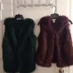 2 Faux Fury Vest! Perfect Condition. Green Vest  "Jessica Simpson ".... Burgundy Vest "Whats Up?"