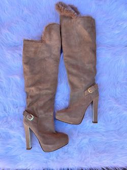 Taupe Suede Knee-High Platform Heeled Boots