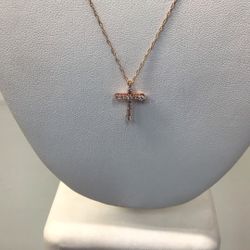10k Yellow Gold Rose Gold Diamond Cross & 10k Rose Gold Thin Chain 18”