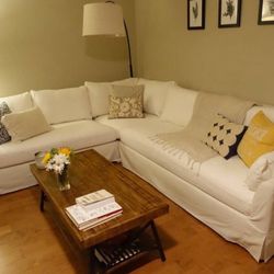 Huge White Linen 3pc Sectional Sofa in Excellent Condition