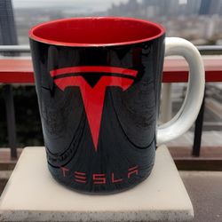 TESLA Coffee Mug -  Black, Red Logo Both Sides  (11 oz) White Handle Rare HTF