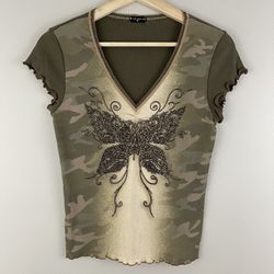 FANG Vintage Y2K Dark Green Camo V Neck Flutter Sleeve Butterfly Graphic Tee