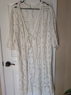 White boho crochet lace cotton fishnet long cover-up cardigan duster women's L/XL