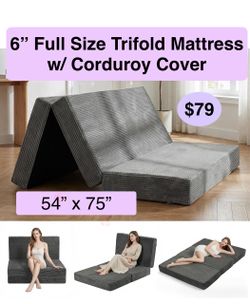 6” Full Size Tri-Fold Mattress Full Size, Covertible Sofa Bed Foldable Futon Mattress with Handles & Non-Slip Bottom, Removable Machine Washable Cordu