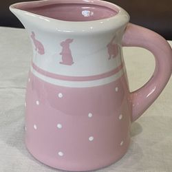 Terramoto pink ceramic pitcher with white polka dots and Rabbits Bunnies.