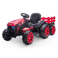 12V Ride On Tractor with Trailer, LED Lights 