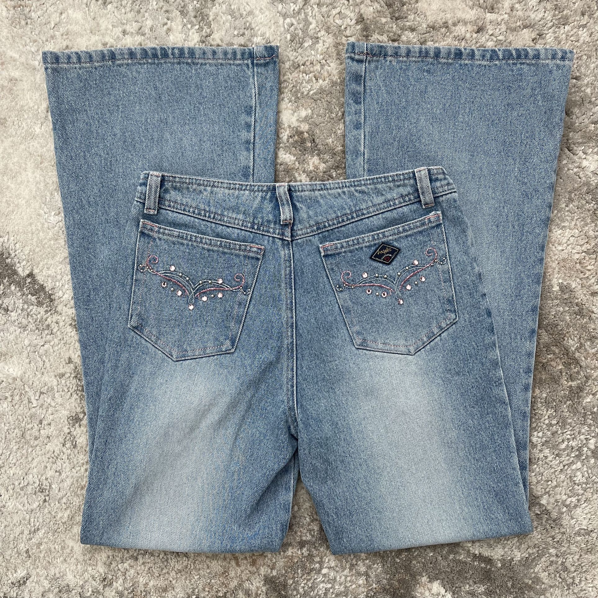 ANGELS Vintage Y2K 90’s Light Wash Rhinestone Sequin Mid Rise Flare Leg Jeans