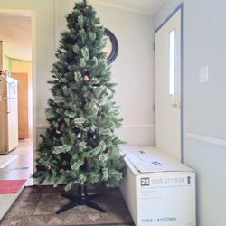 7'5" TALL "SLIM STYLE" ARTIFICIAL CHRISTMAS TREE W/ PINECONES & STORAGE BOX