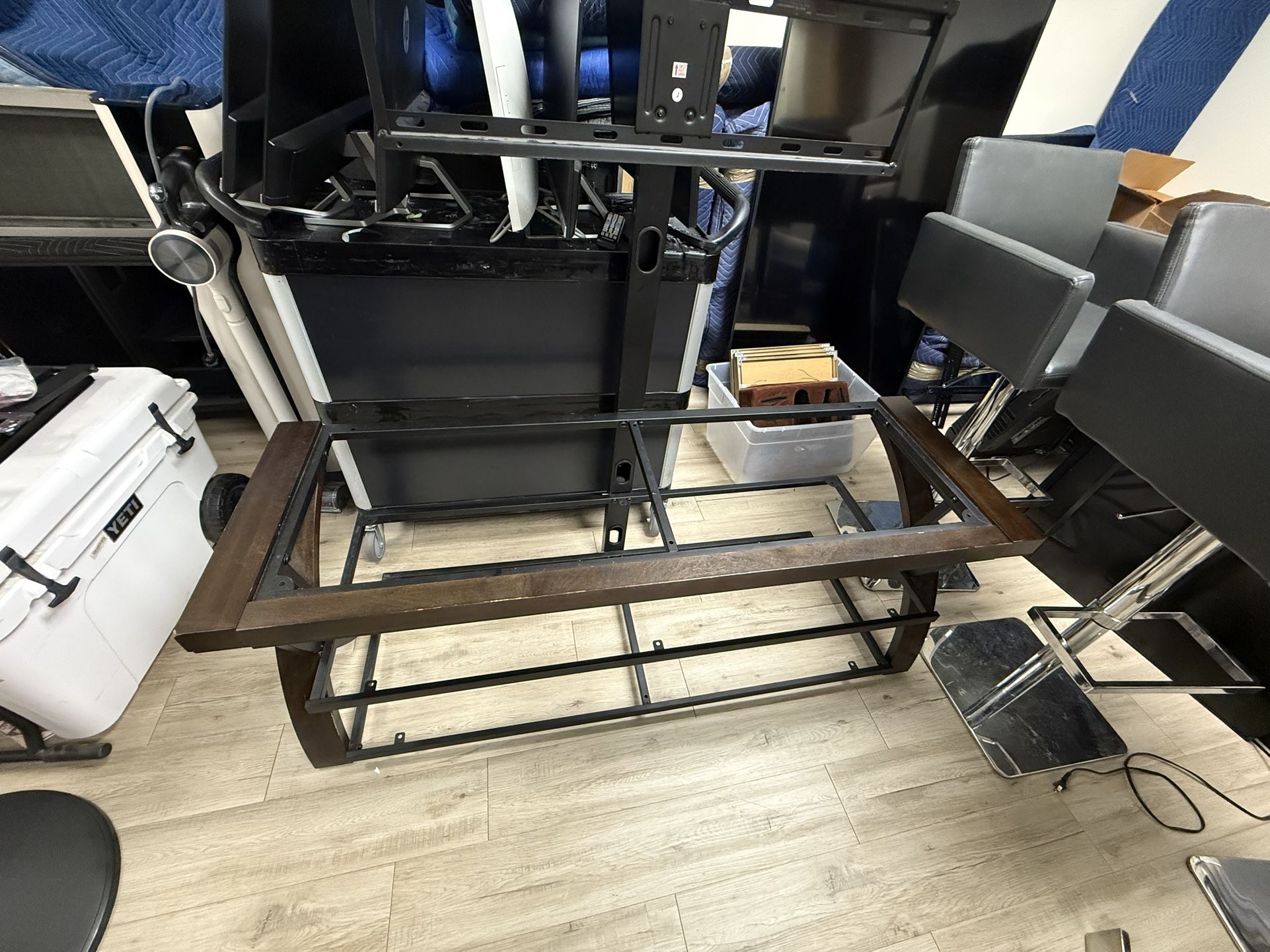 Dark Wood TV Stand with Mount Attached and smoked glass shelves
