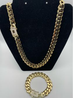 14mm 22” Cuban 14k plated chain and bracelet  combo with iced out clasp.