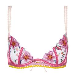 For Love and Lemons Plumeria Bouquet Embroidered Mesh Bra in Pink and Yellow XS