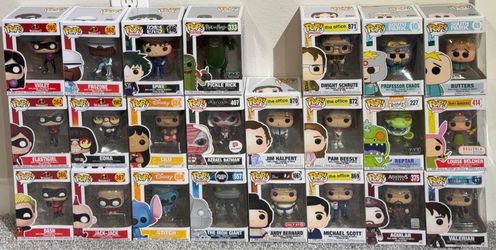 Funko Pops: The Incredibles, The Office, lilo & stitch, and Random