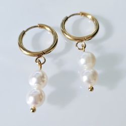 6.5 mm Natural Dual Akoya White  Round Pearls Earrings Yellow Gold Plated Hoop