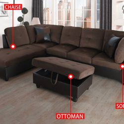 Special Chocolate Microfiber Sectional With Storage Ottoman And Pillows