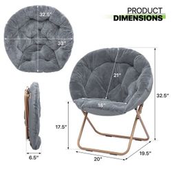 Folding Saucer Chair, Soft Faux Fur Oversized Collapsible Accent Chair Lounge Moon Chair with Metal Frame for Bedroom, Gray