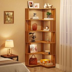Tribesigns 6 Tier Corner Bookshelf, 64.9 Inches Tall Industrial L Shaped Bookcase with Anti-Drop Panel, Freestanding Wood Grain Shelf Display Rack Sto