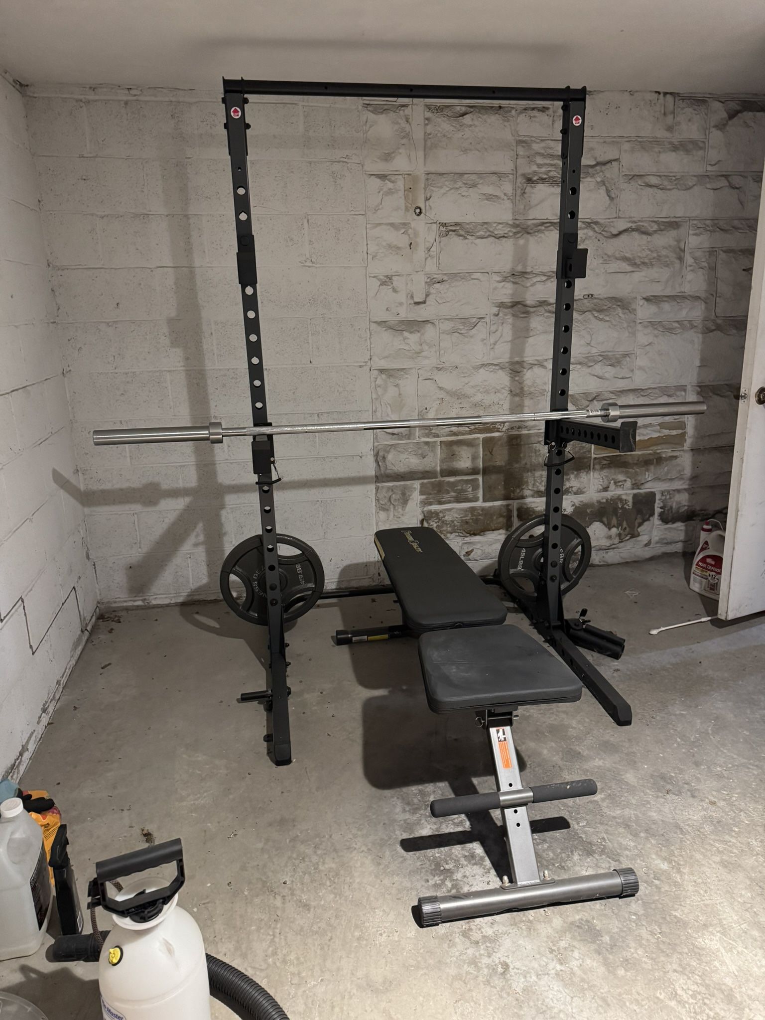 Fitness Gear 300 LB Olympic Weight Set + Fitness Reality Multi-Function Power Rack Squat Stand (Weight Bench In Photo NOT INCLUDED)