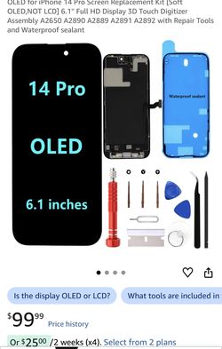 OLED for iPhone 14 Pro Screen Replacement Kit [Soft OLED] 6.1'' Full HD Display 3D Touch Digitizer Assembly A2650 A2890 A2889 A2891 A2892 with Repair 