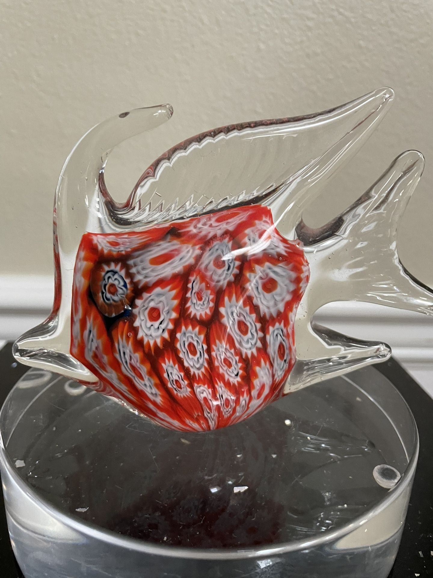 Fiery Red Millefiori Art Glass Angel Fish Paperweight 5.5”x3.75”