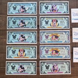 10 Vintage Disney Dollars 1987 to 1994 $1 $5 $10 + 3 Envelopes