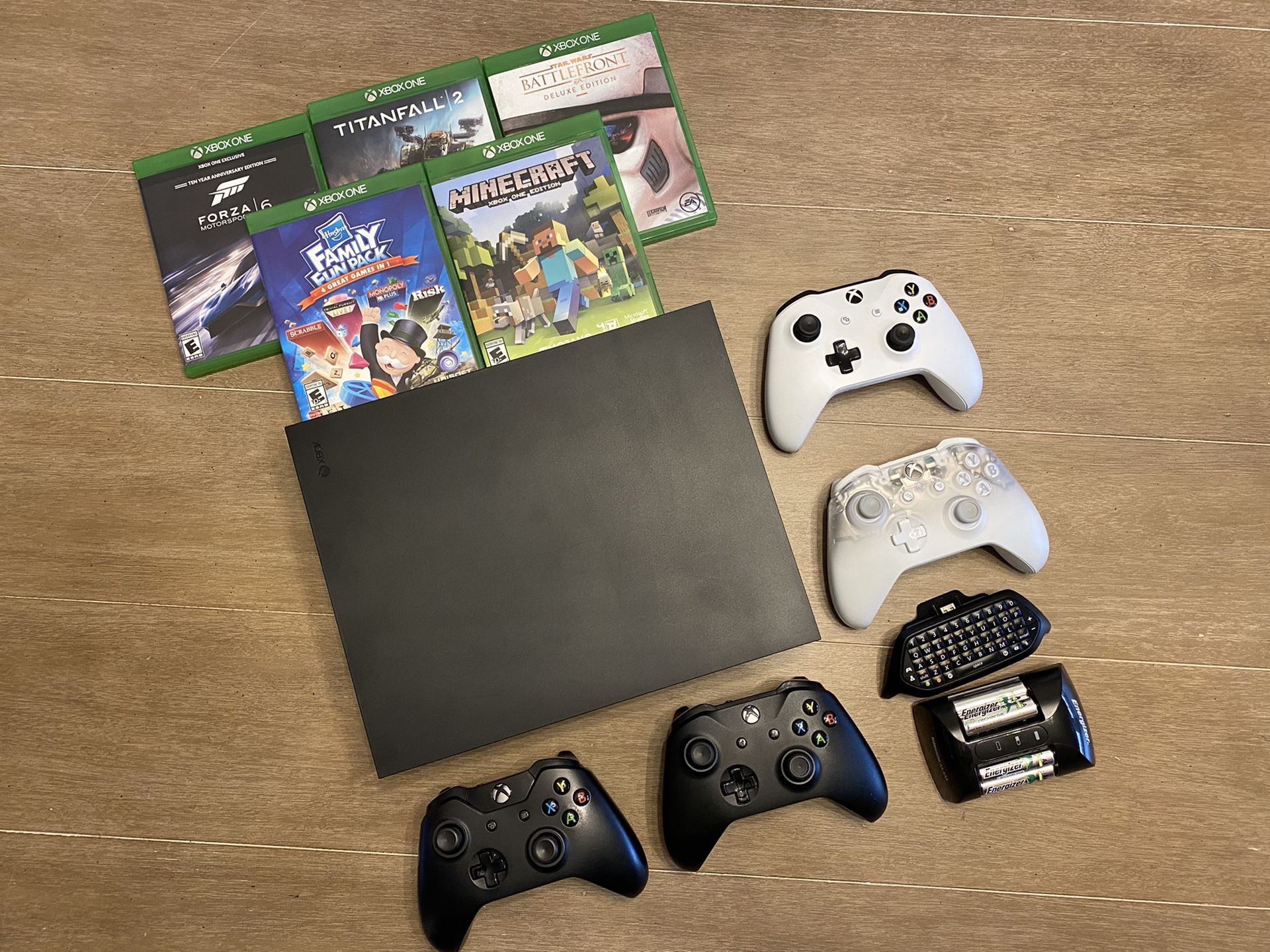 Xbox One X, four controllers, FIVE games, chat pad, and more!