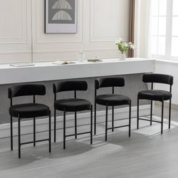 Counter Height Bar Stools, 24'' Black Bar Stools Set of 4, Boucle Barstools with Back, Mid-Century Modern Bar Chairs for Kitchen Island, Dining Room