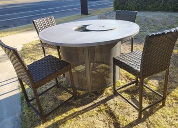 Outdoor patio counter height fire pit table with 4 chairs