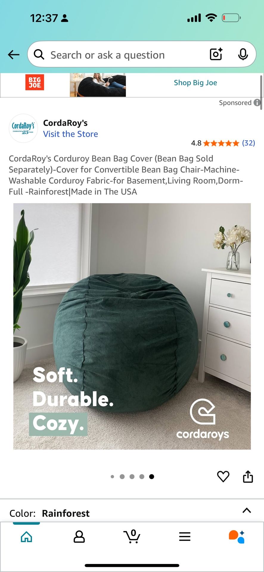 CordaRoy's Corduroy Bean Bag Cover (Bean Bag Sold Separately)-Cover for Convertible Bean Bag Chair-Machine-Washable Corduroy Fabric-for Basement,Livin