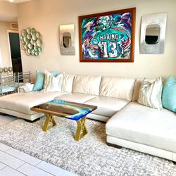 Cream White Leather Sofa, Like New, Double Chaise, $1800