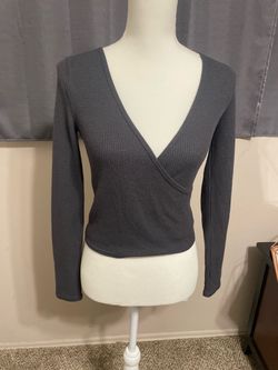 Gray Waffle Knit Wrap Long Sleeve Top ( AERIE)