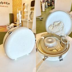 Vintage General Electric Soft Bonnet Hair Dryer w/ Case, 1960s White Cream MCM Round Travel