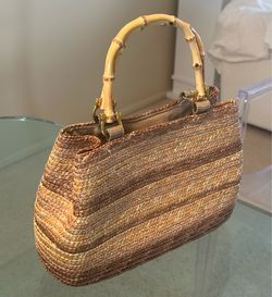 Beige Light Brown Woven Straw Tote Bag Purse Handbag Natural Bamboo Handles Gold Hardware