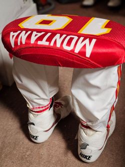 Vintage Handmade Joe Montana Kansas City Chiefs NFL Football Jersey Chair Stool Side Table With NEW NEVER WORN Retro Size 14 Nike Shoes